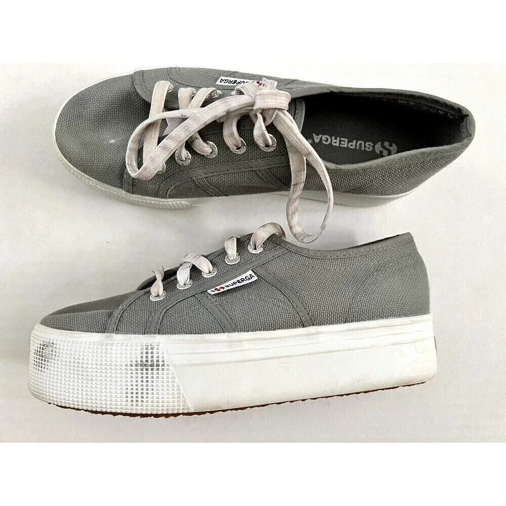 Superga Womens Size 37.5 Gray Canvas Platform Chunky Lace Up Sneakers Shoes US 7